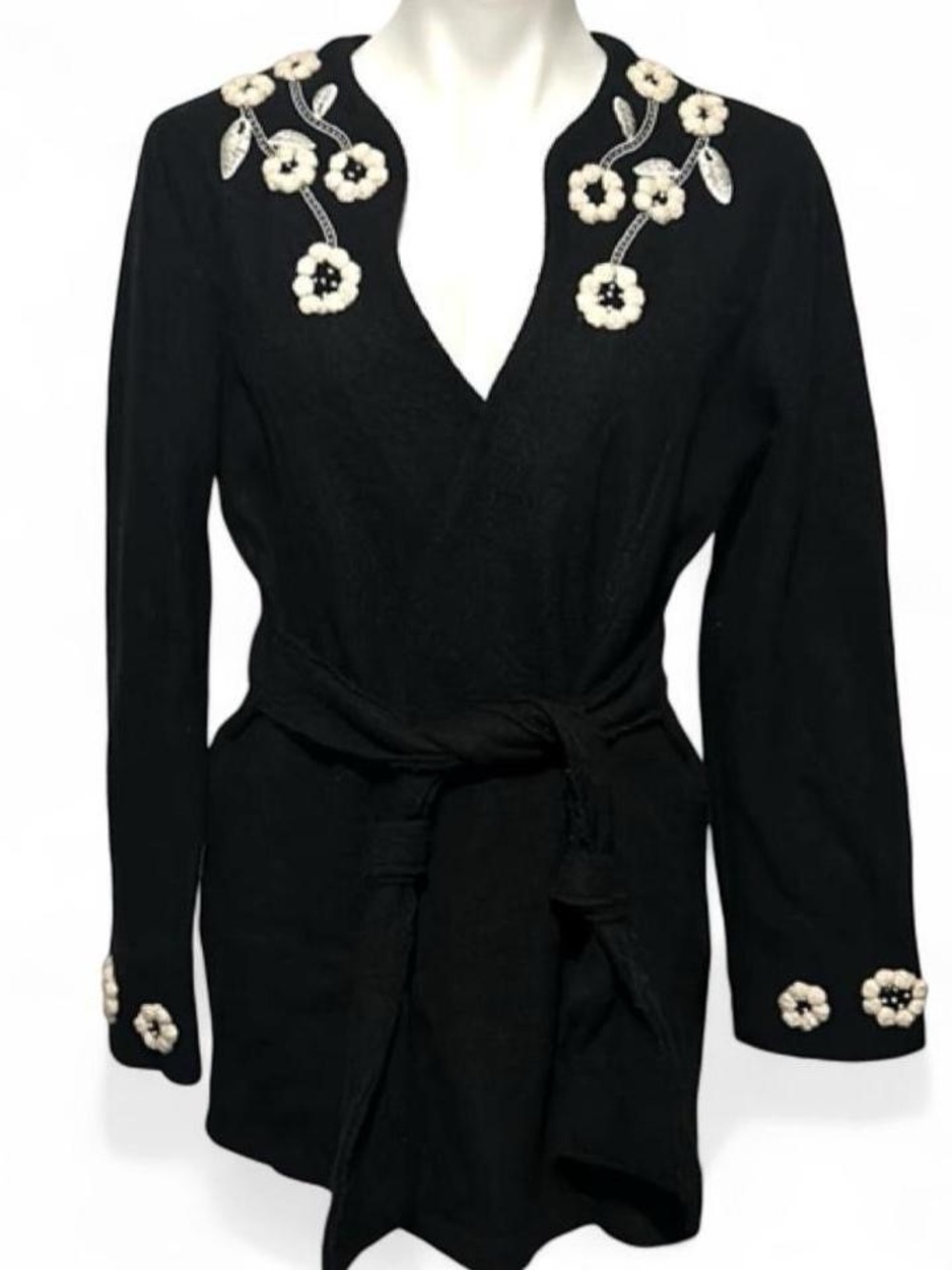 Black wool coquette, romantic floral embroidered wrap belted sweater